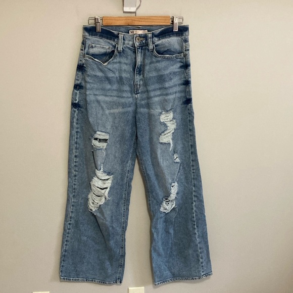 SO Blue Flare Wide Leg Distressed Jeans, Size 9/29, Super high rise - Picture 1 of 9